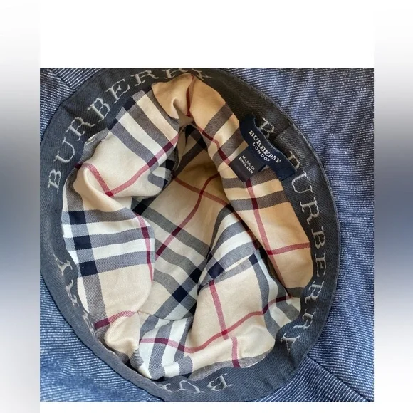 Vintage Burberry Denim Bucket Hat W/Striped Canvas Trim Around the Crown - Picture 2 of 3